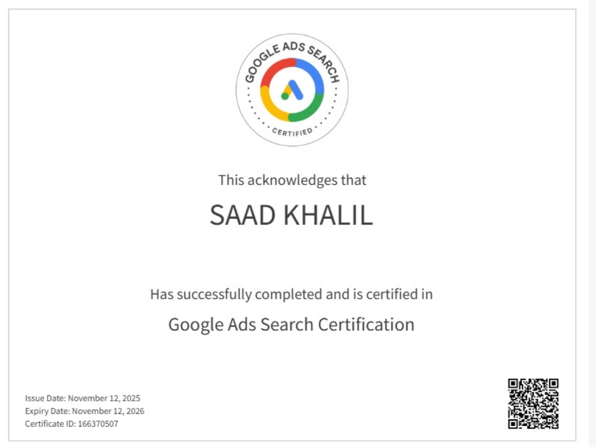Google Ads Search Certification of Freelance Digital Marketing Consultant In Kochi