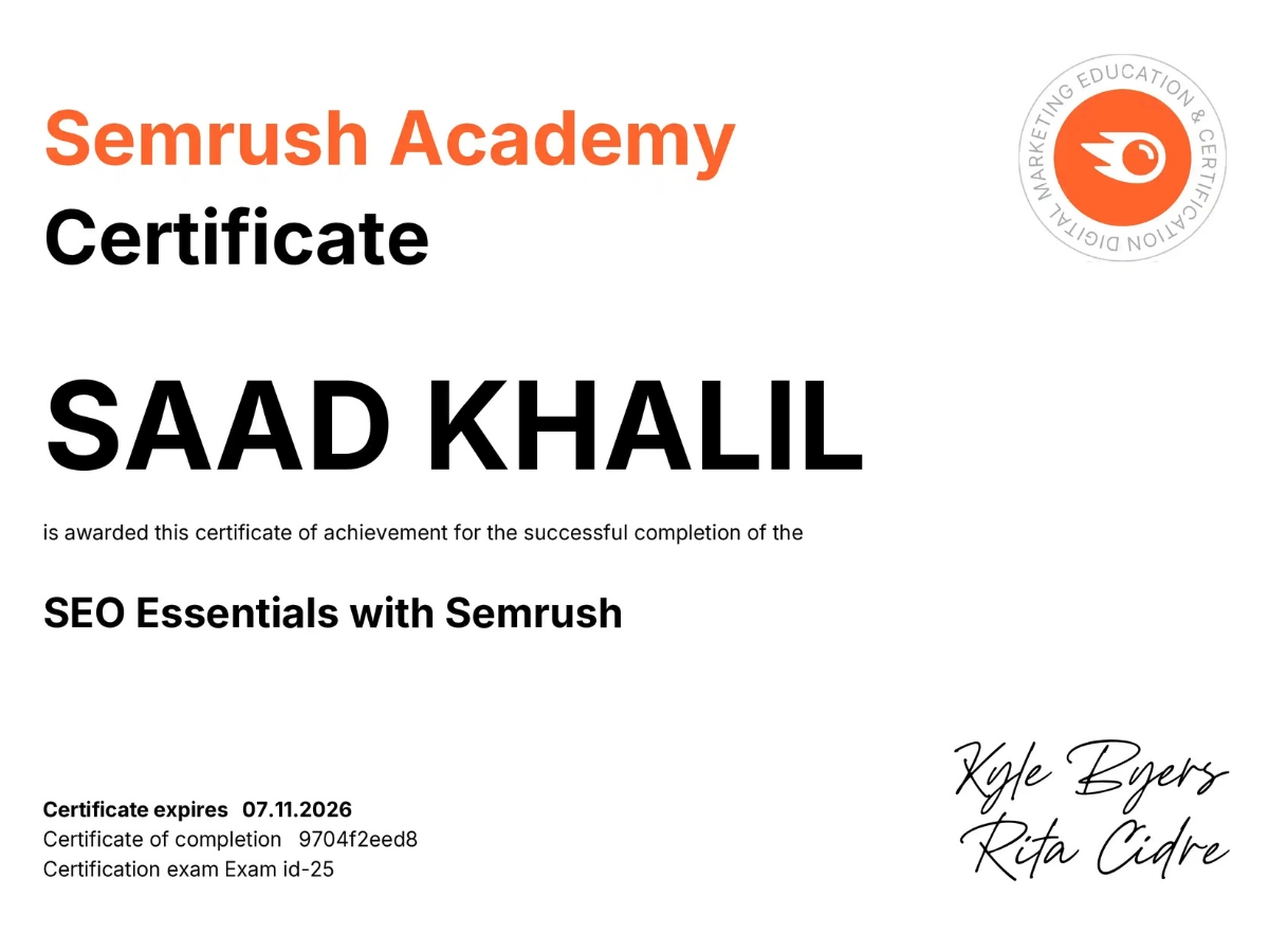 SEMRUSH Essentials Certificate of Freelance Digital Marketing Consultant In Kochi