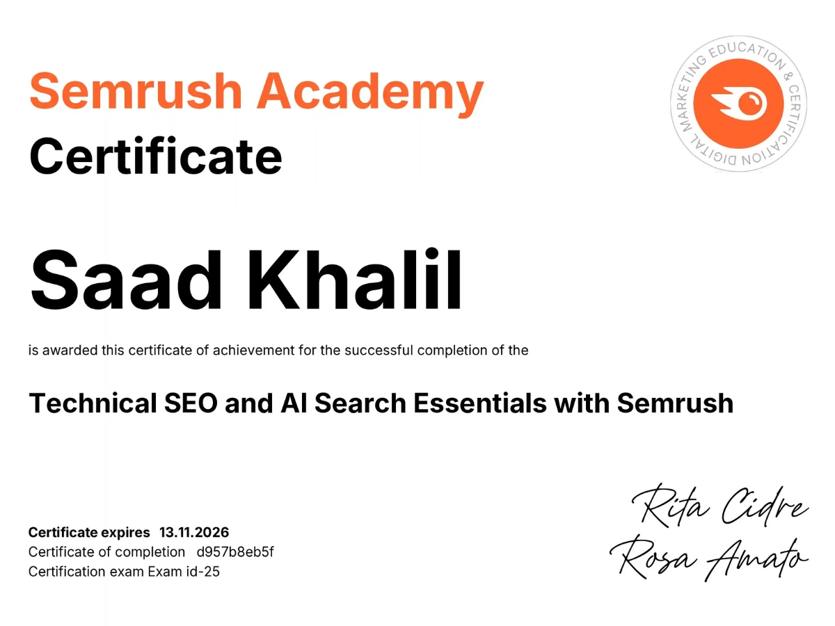 SEMRUSH Technical SEO and AI Search Certificate of Freelance Digital Marketing Consultant In Kochi